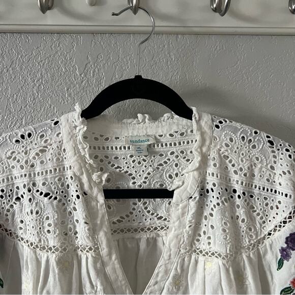 Sundance Floral Embroidered Lace Detail White Linen Blouse - Picture 3 of 7